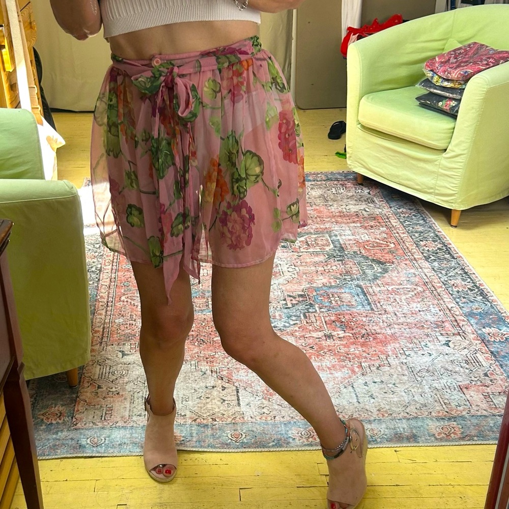Vintage Betsey Johnson Sheer Pink Floral mini skirt, swimsuit wrap. Fairy Size S